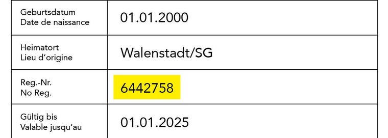 Ausschnitt eines Lernfahrausweises. Die Zeile «Reg.-Nr. / No Reg.» ist gelb markiert und enthält die Registernummer.